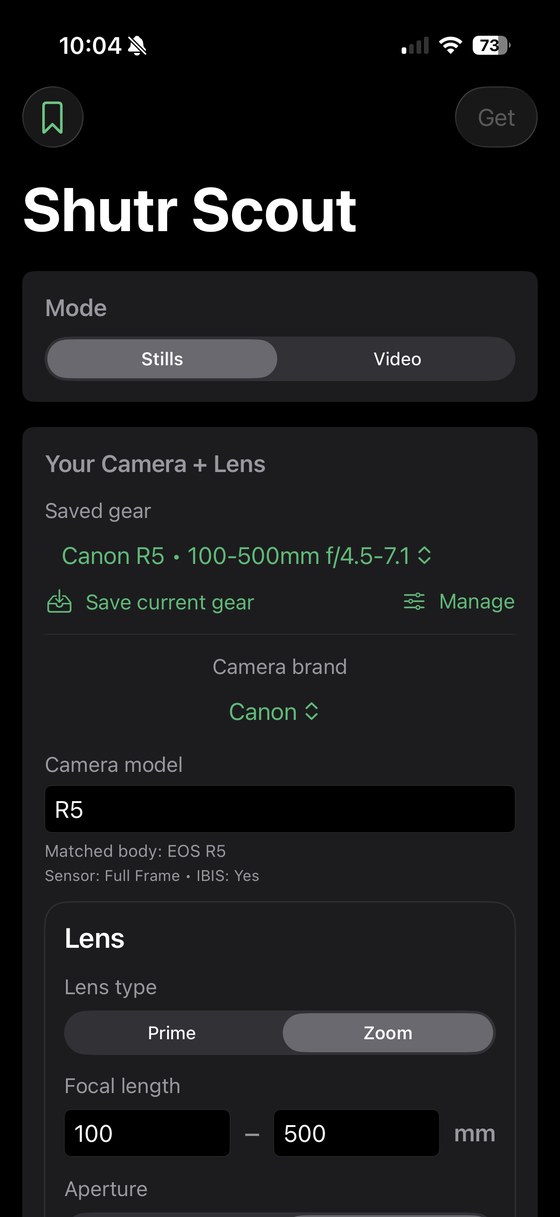 Shutr Scout gear and mode screen
